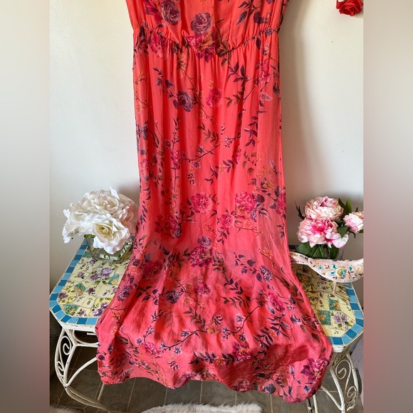 Italy 🇮🇹 Silk Pink Floral Vibrant Orange and Pink Tiered Maxi Sundress S M L - Picture 7 of 11
